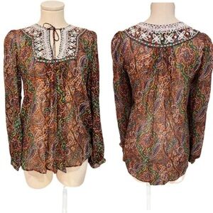 Nieves Lavi New York Silk Long Sleeve Paisley Blouse with Sequined Neckline